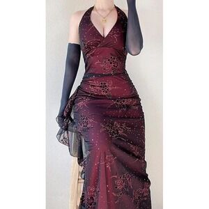 Y2K Taboo Halter dress Small Black red mesh burnout Prom Whimsigoth Vampire 90's